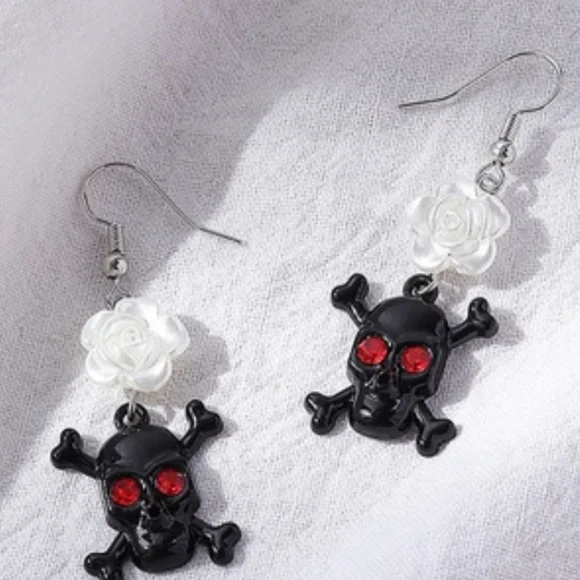 Skull & Crossbone Dangle Drop Earrings With Red Gems/Rinestones For Eyes - Picture 5 of 7